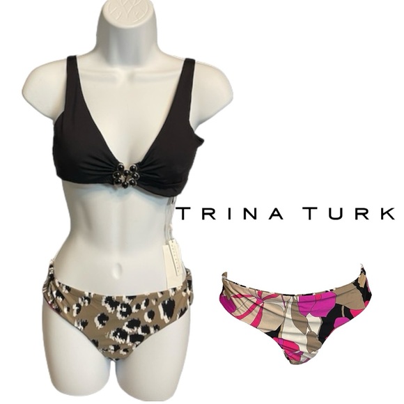 ☀️☀️☀️ Trina Turk Black Bikini Top with Reversible Print Bottoms Size 4 - Picture 2 of 6